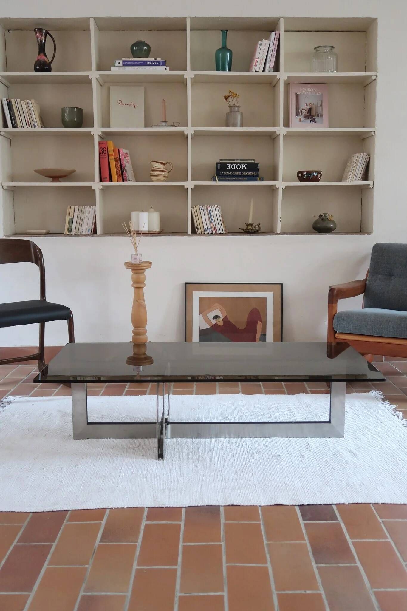 Smoked glass coffee table, brushed stainless steel base, 1970s.