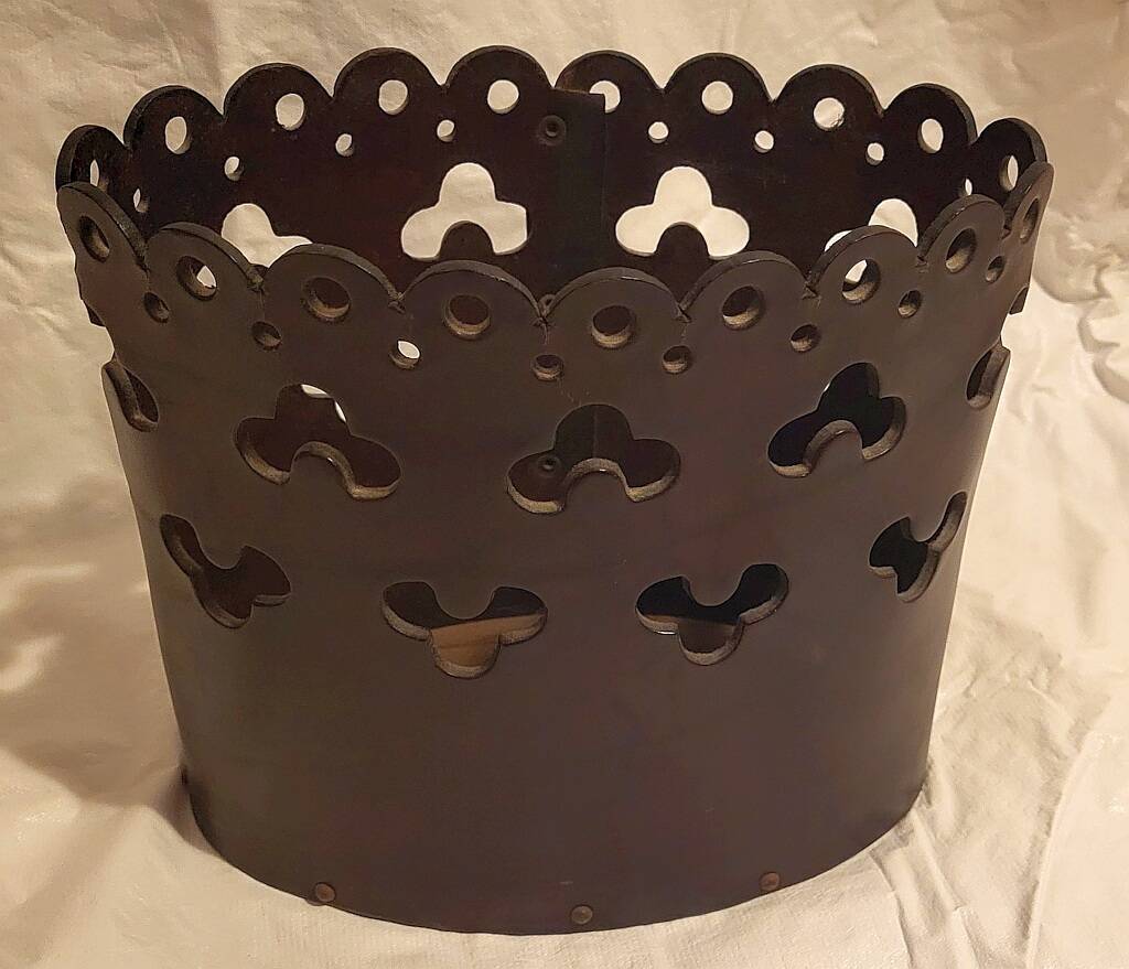 Vintage Magazine Rack Holder Waste Basket Cut Work Brown Leather Oval Shape