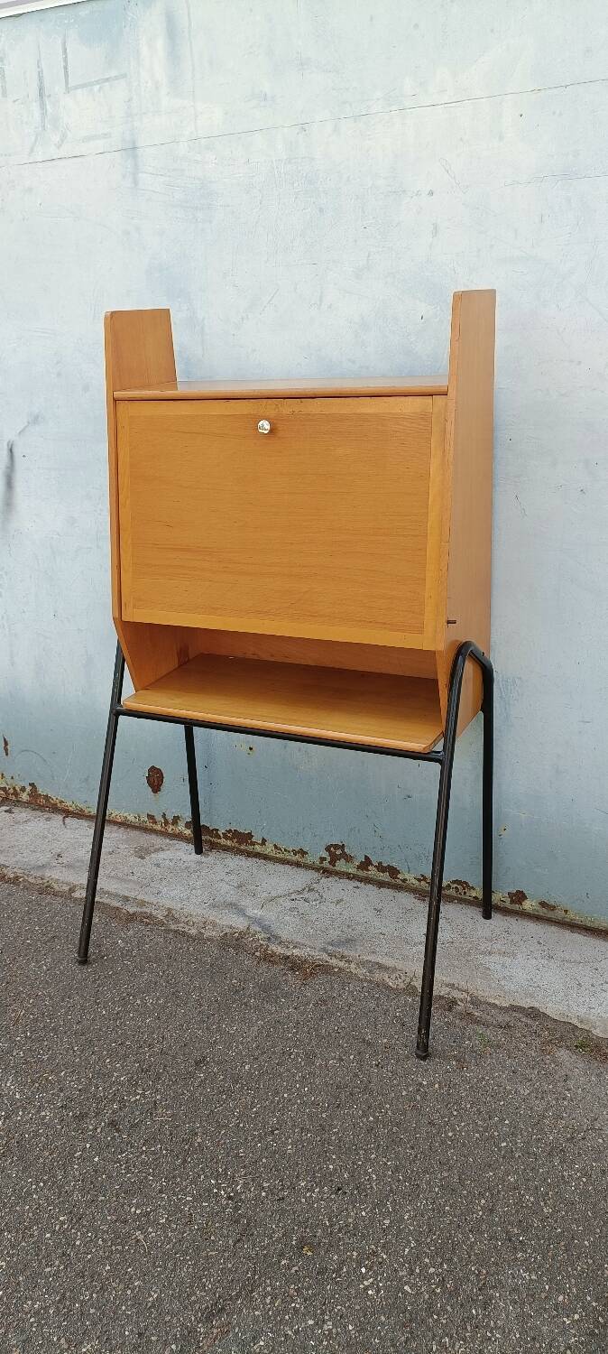 Vintage light oak secretary desk with metal base