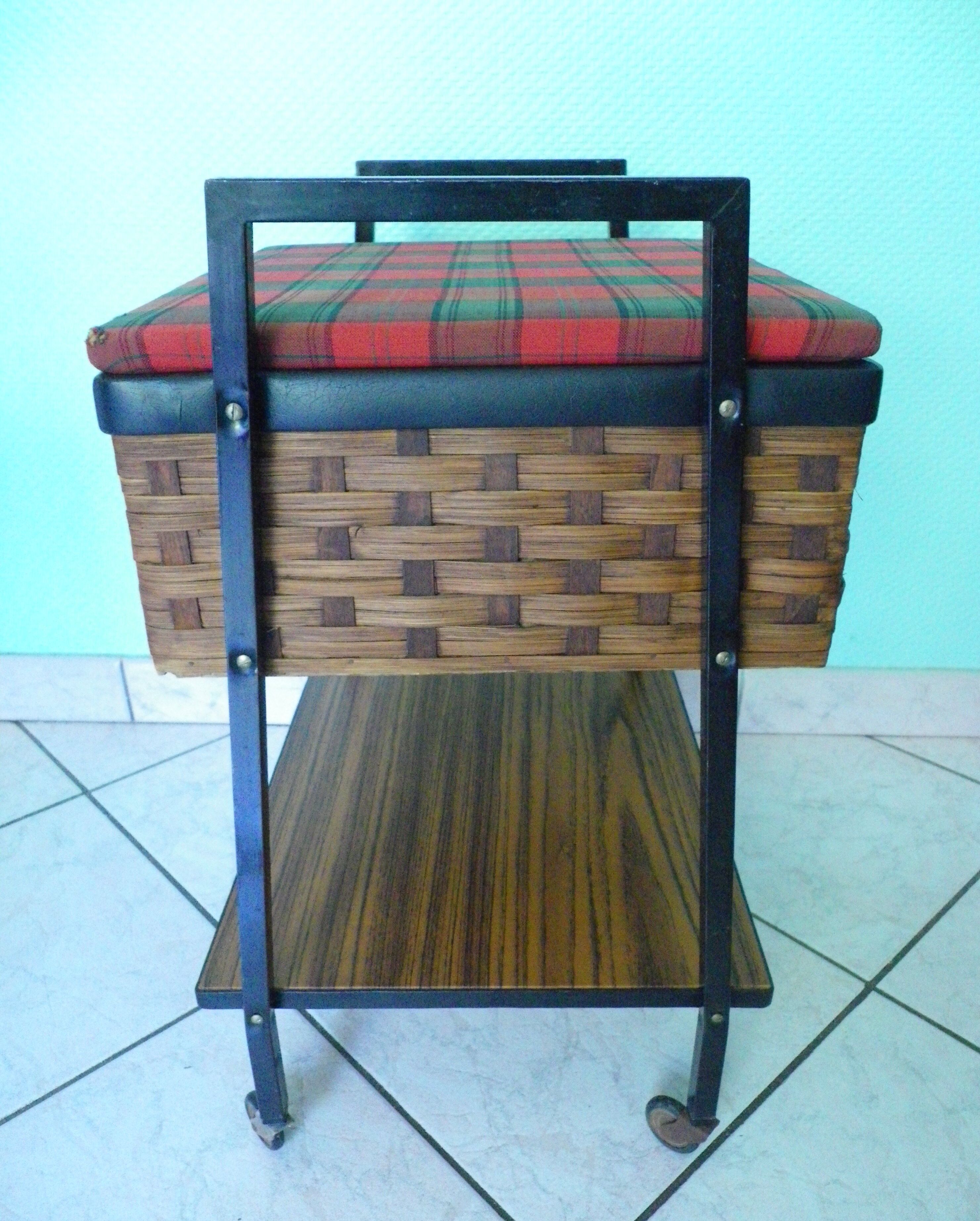 Vintage worker on wheels, rattan, fabric, skaÏ, metal with formica shelf