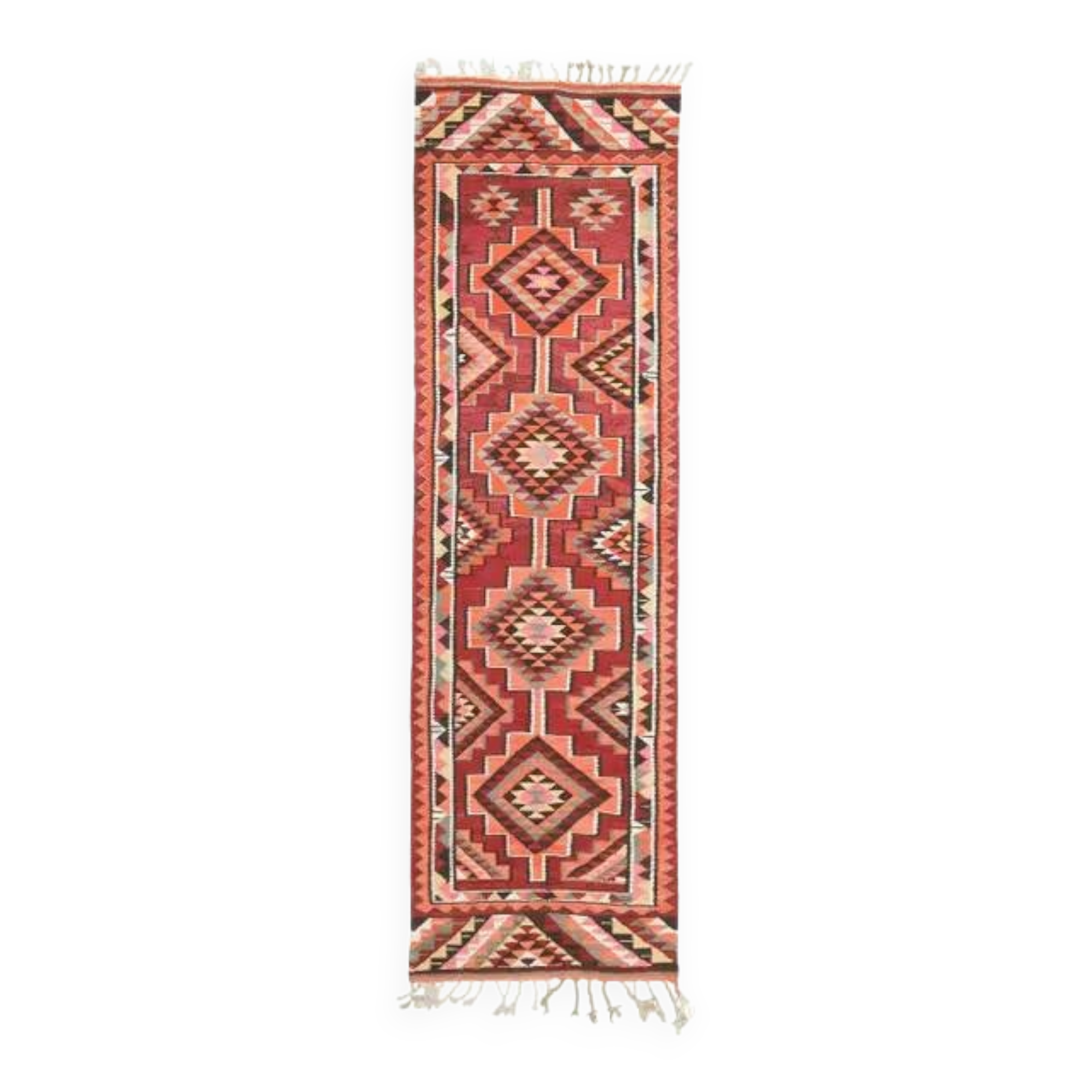 1970s Vintage Turkish Hand-Knotted Wool Cotton Red Runner Rug 93x324
