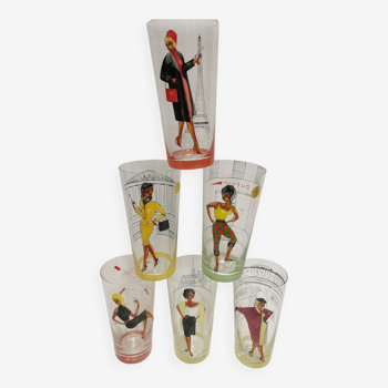 6 verres décor émaillé vintage. motif femme pin'up années 50.villeroy & boch saar.