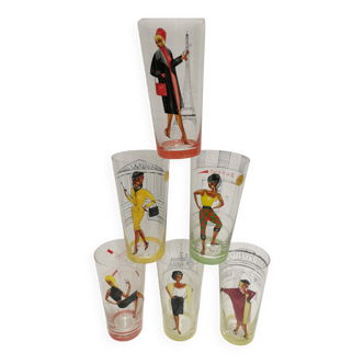 6 verres décor émaillé vintage. motif femme pin'up années 50.villeroy & boch saar.