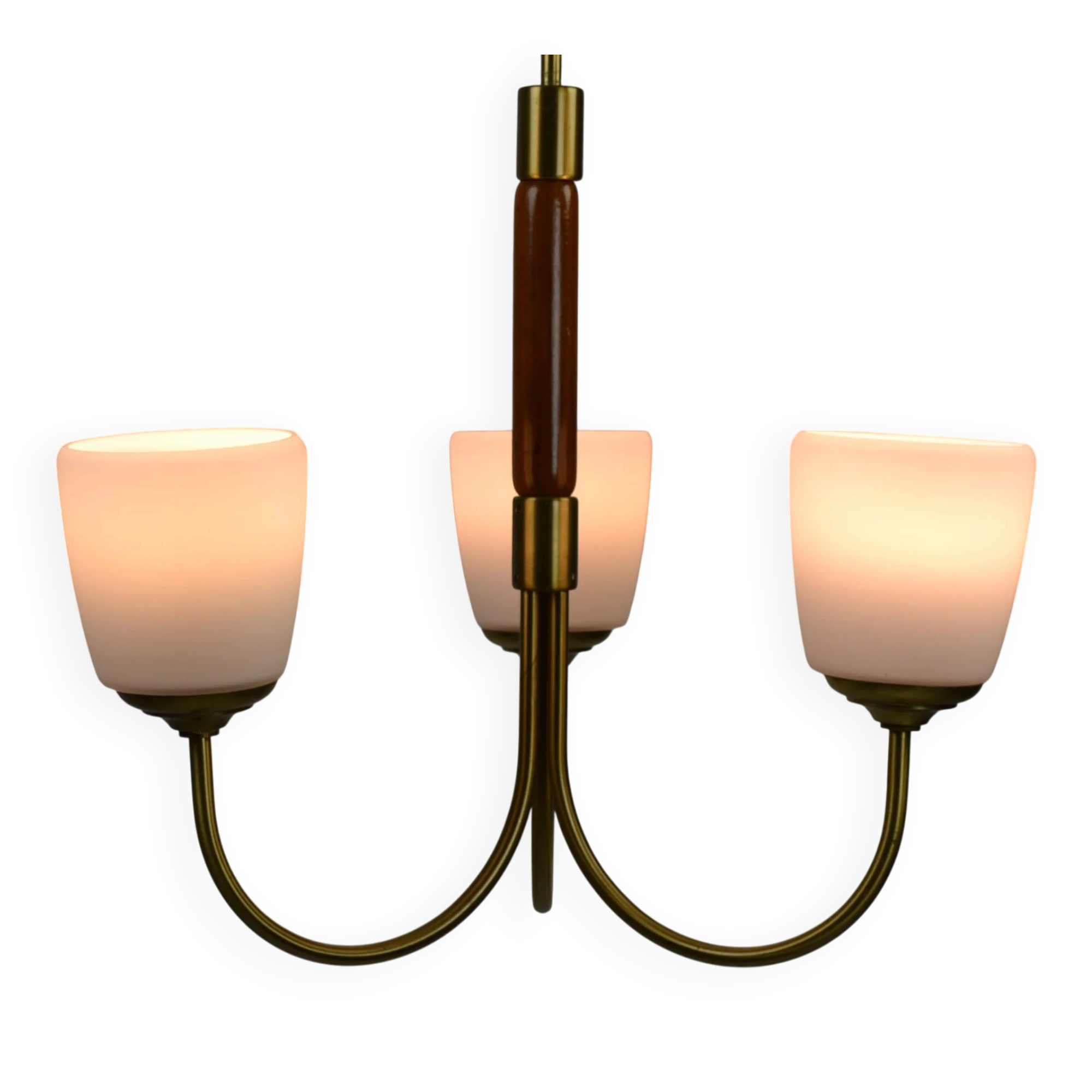 Scandinavian Modern Three-Light Pendant in Brass, Teak and Opaline Glass, 1960s