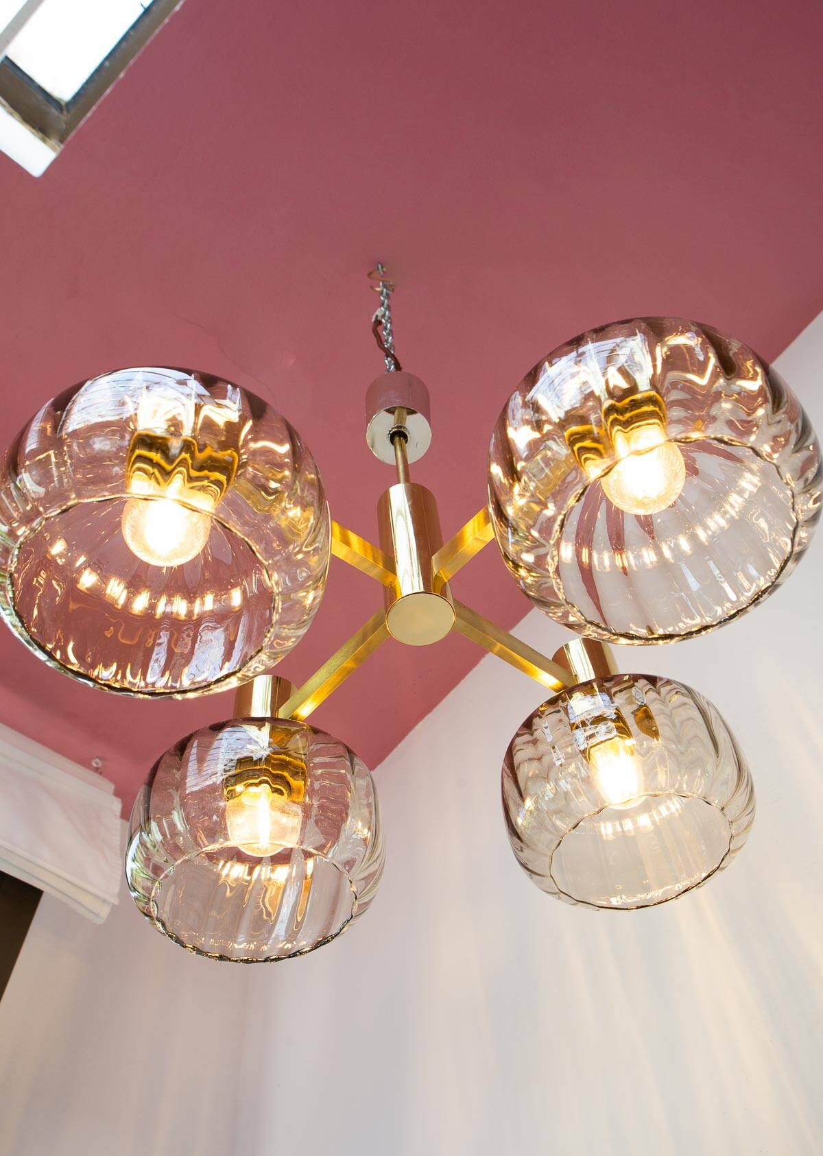 Midcentury brass pendant light and 4 glass tulips 60s/70s