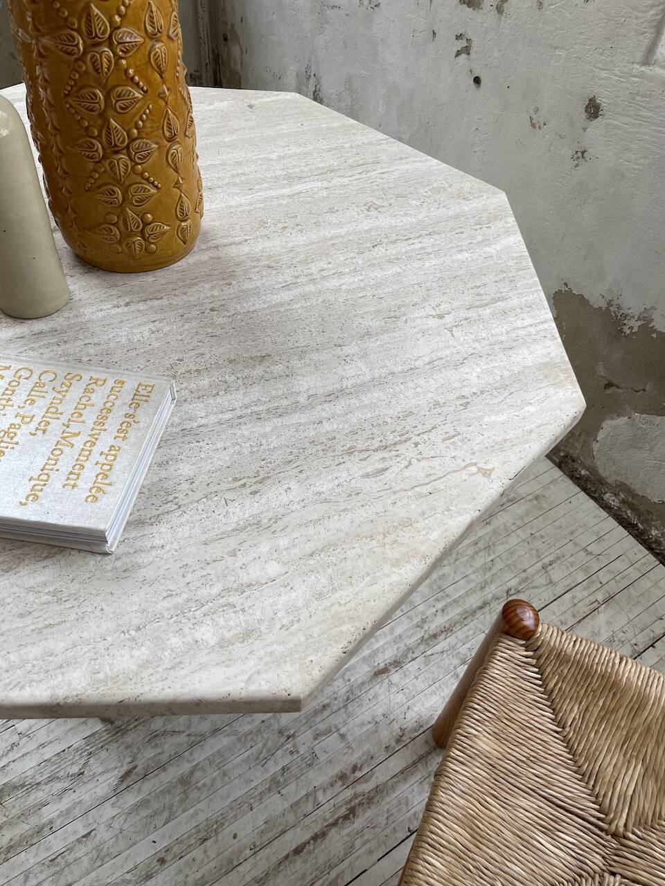 Octagonal travertine coffee table