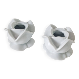 Lot de 2 bougeoirs fleurs en céramique