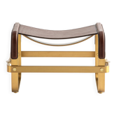 Footrest in Aged Brass and Brown Leather, Contemporary Style