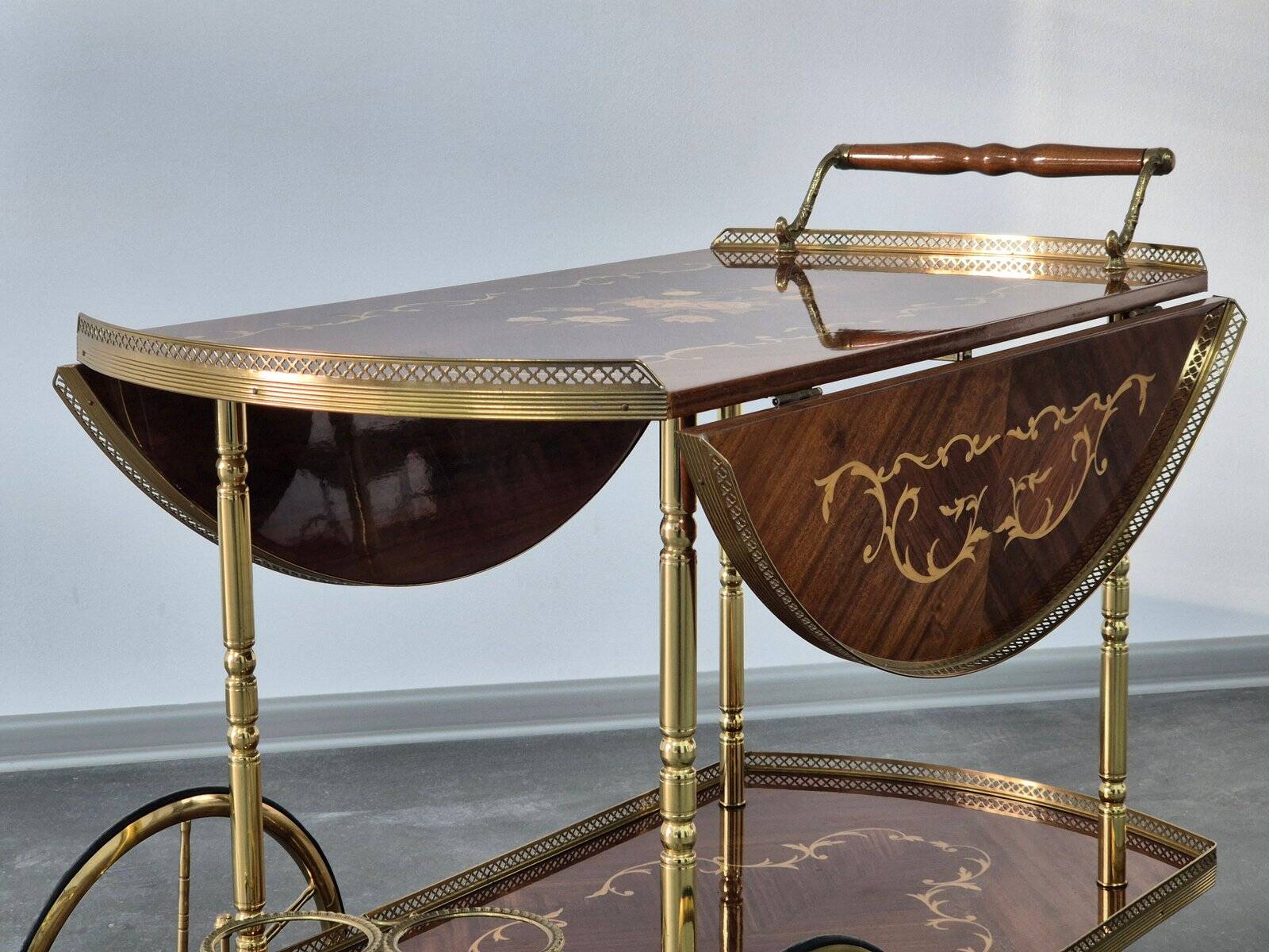 1970s drinks bar cart with side flaps in marquetry