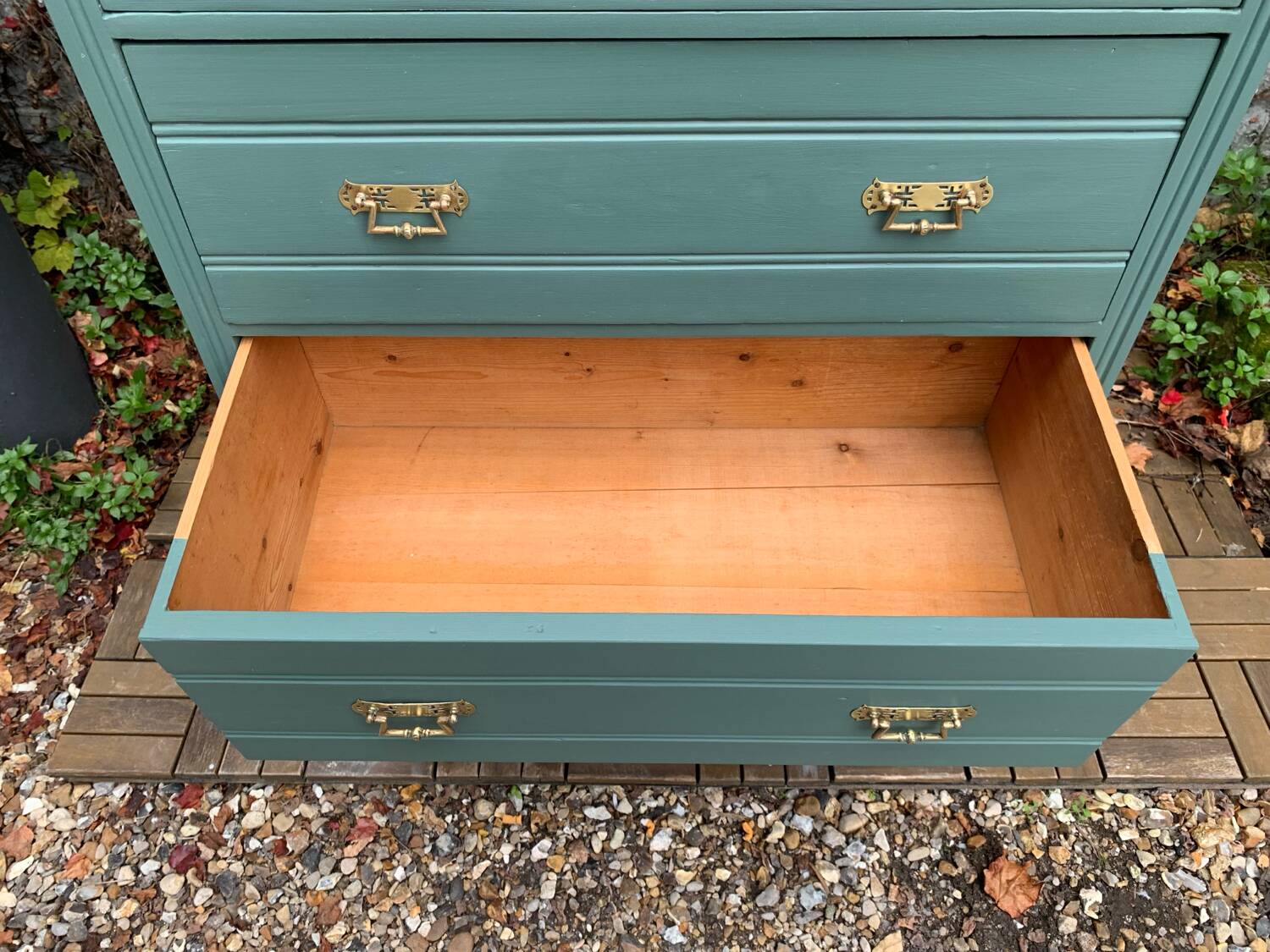 Old grey green high chest of drawers H160