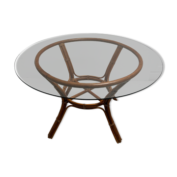 Table à manger en rotin plateau en verre vintage