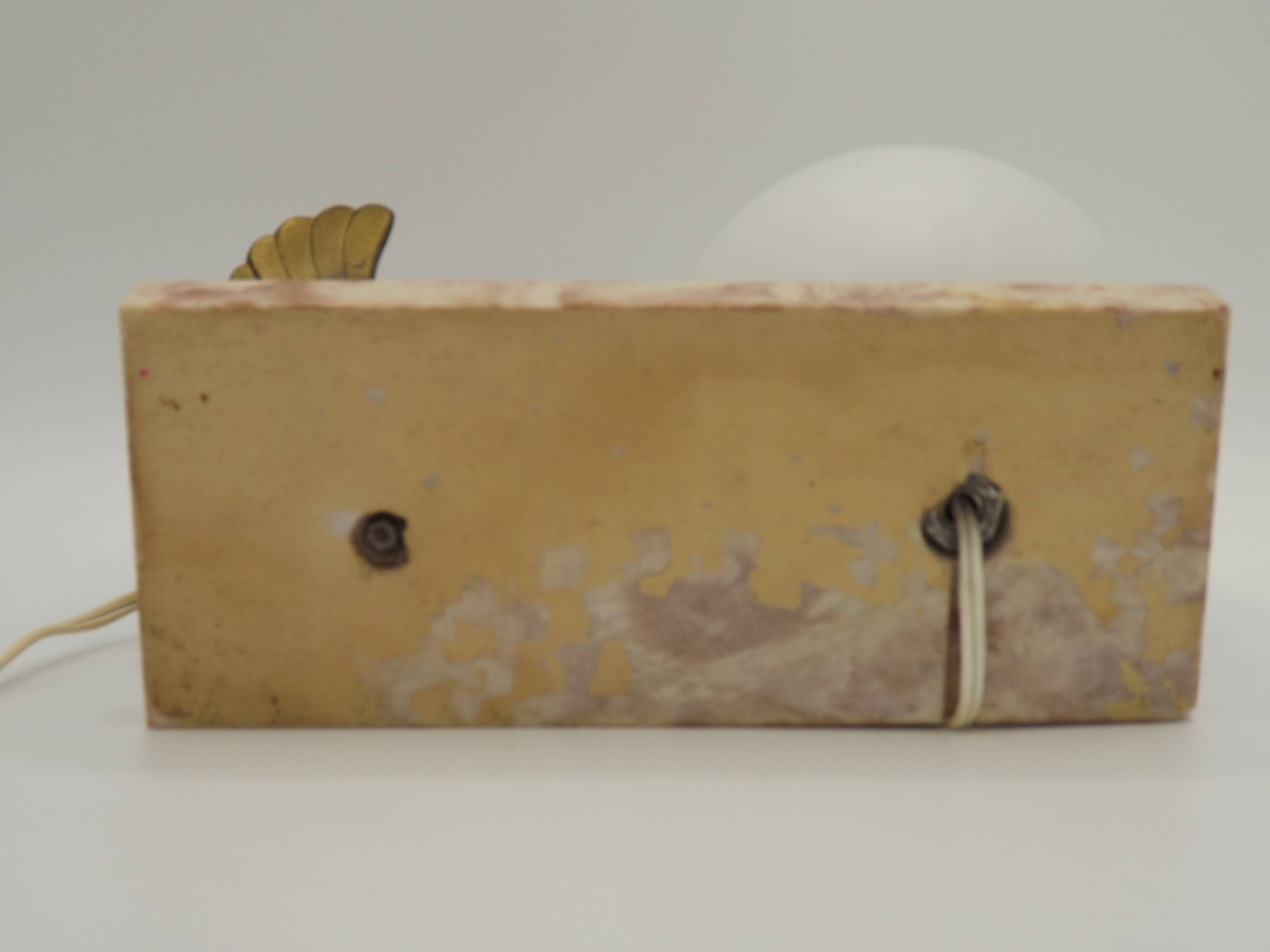 French Art Deco table lamp, bird motif, marble base, white glass globe 4477