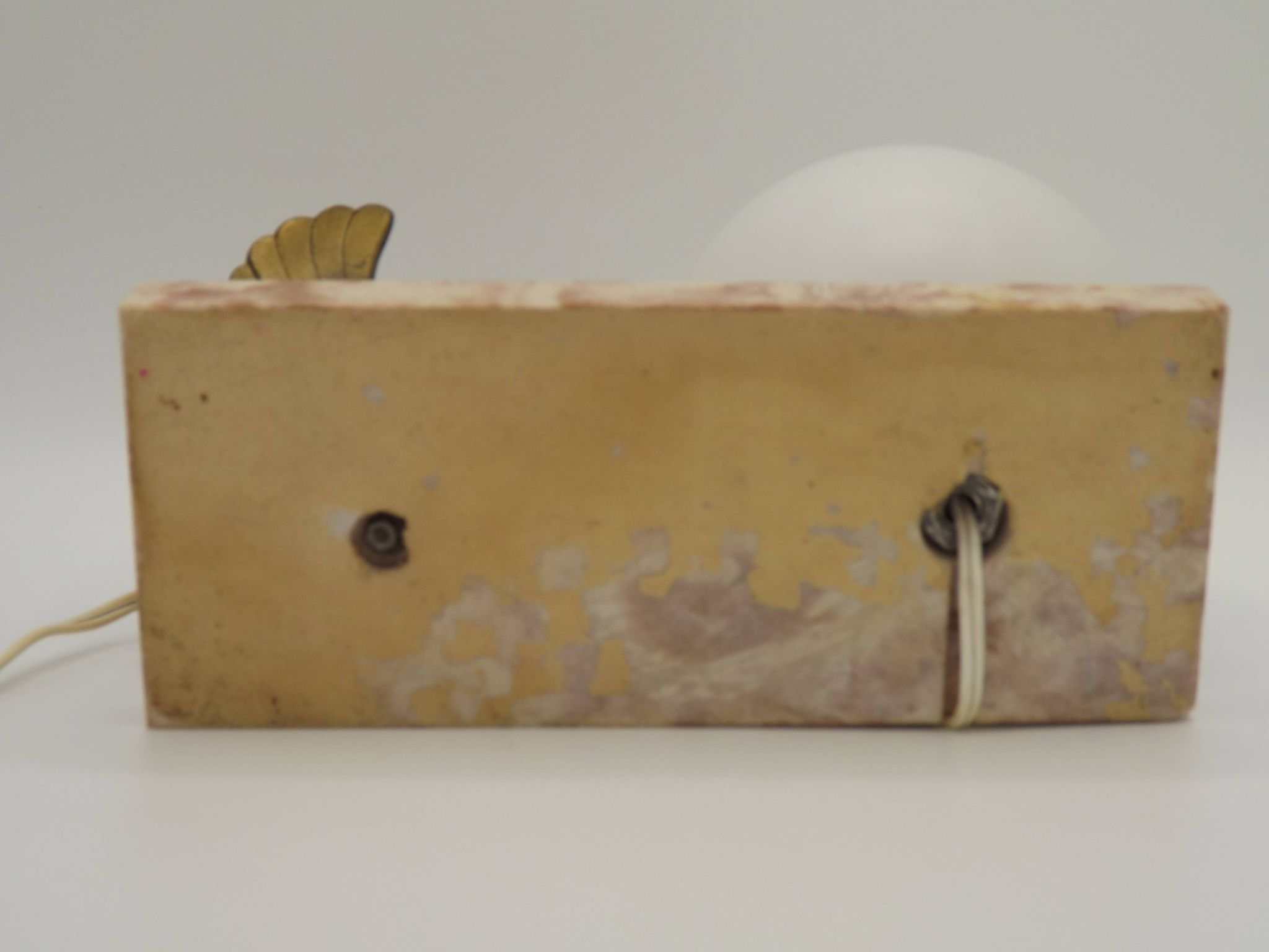 French Art Deco table lamp, bird motif, marble base, white glass globe 4477