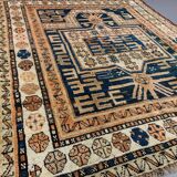 Antique Dagestan Kazak Rug 124x114 cm Caucasian, Gold, Blue, Rust Square Medium