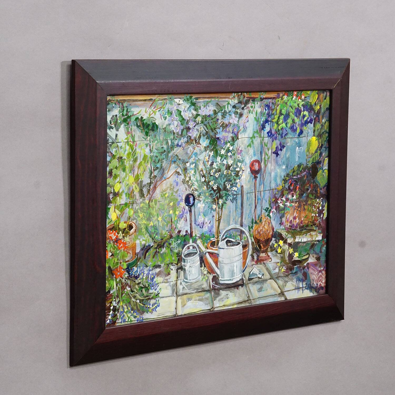 Garden clematis with watering cans, 2000 – Oil painting by Alexander Michael