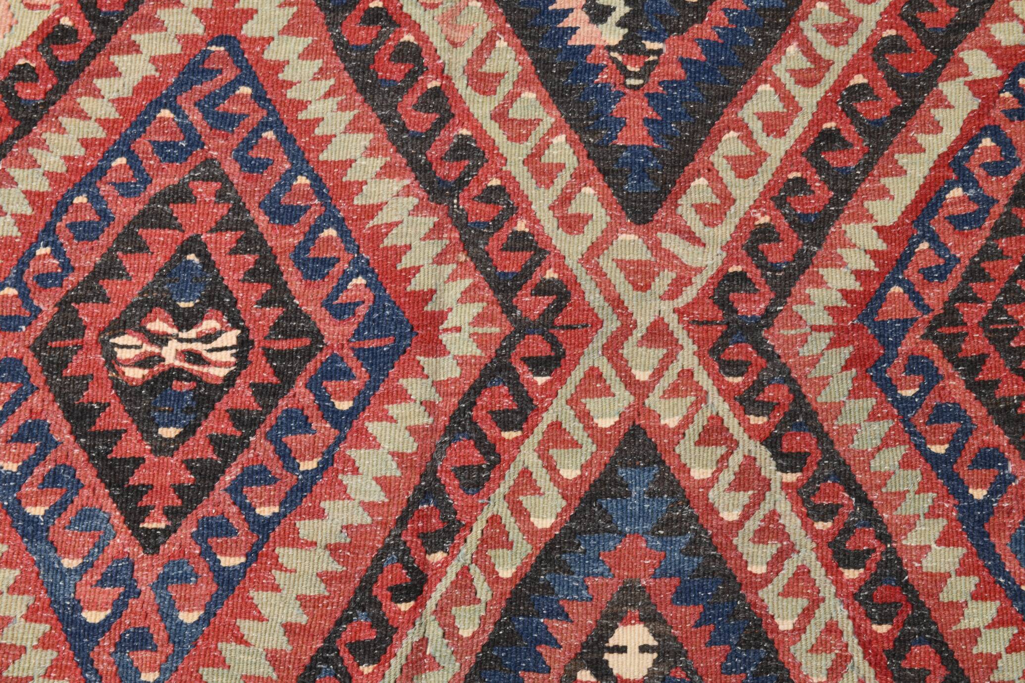 Kilim Ancien Fait Main en Laine Rouge et Bleu,Tapis Plat Vintage,165x231 Cm