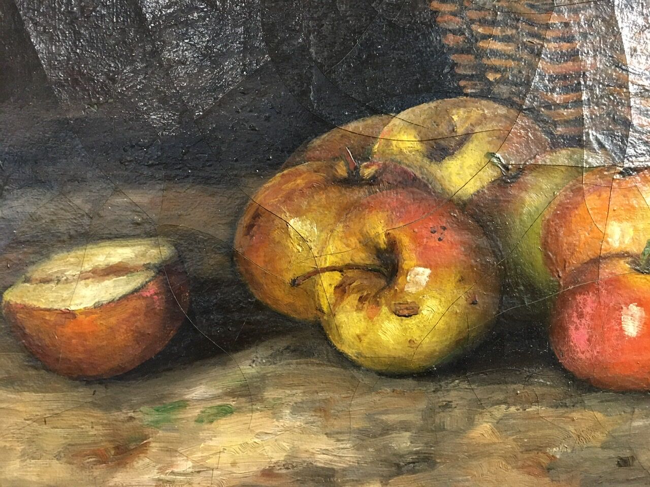 Table still life with apples and basket, signed at the beginning of the 20th century