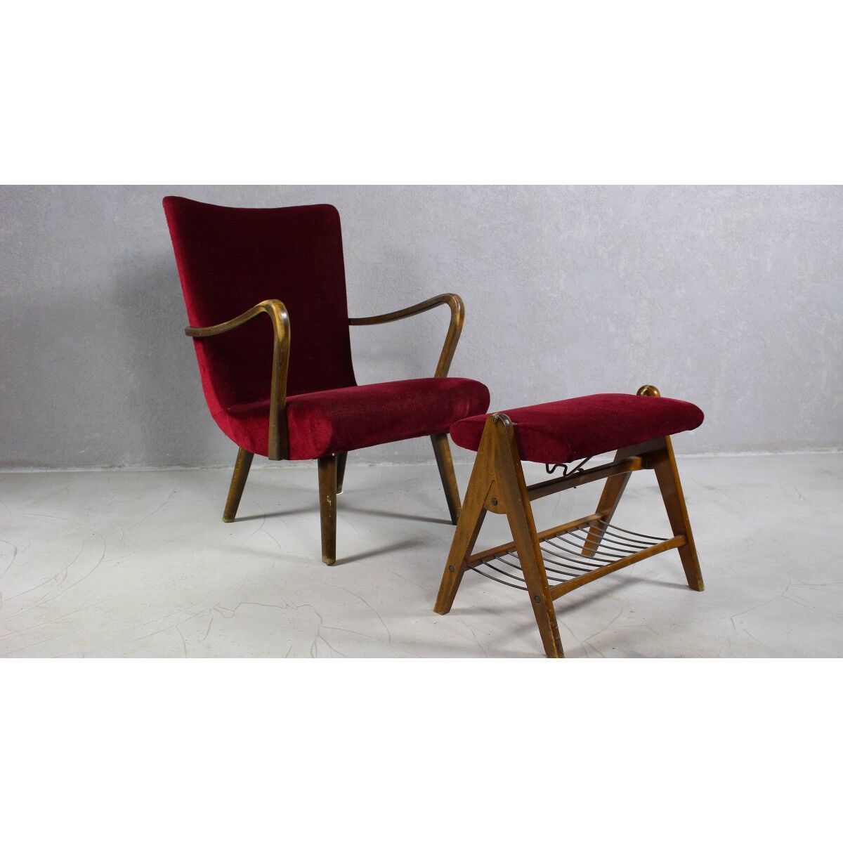Velvet armchair with footstool, Denmark 1950s