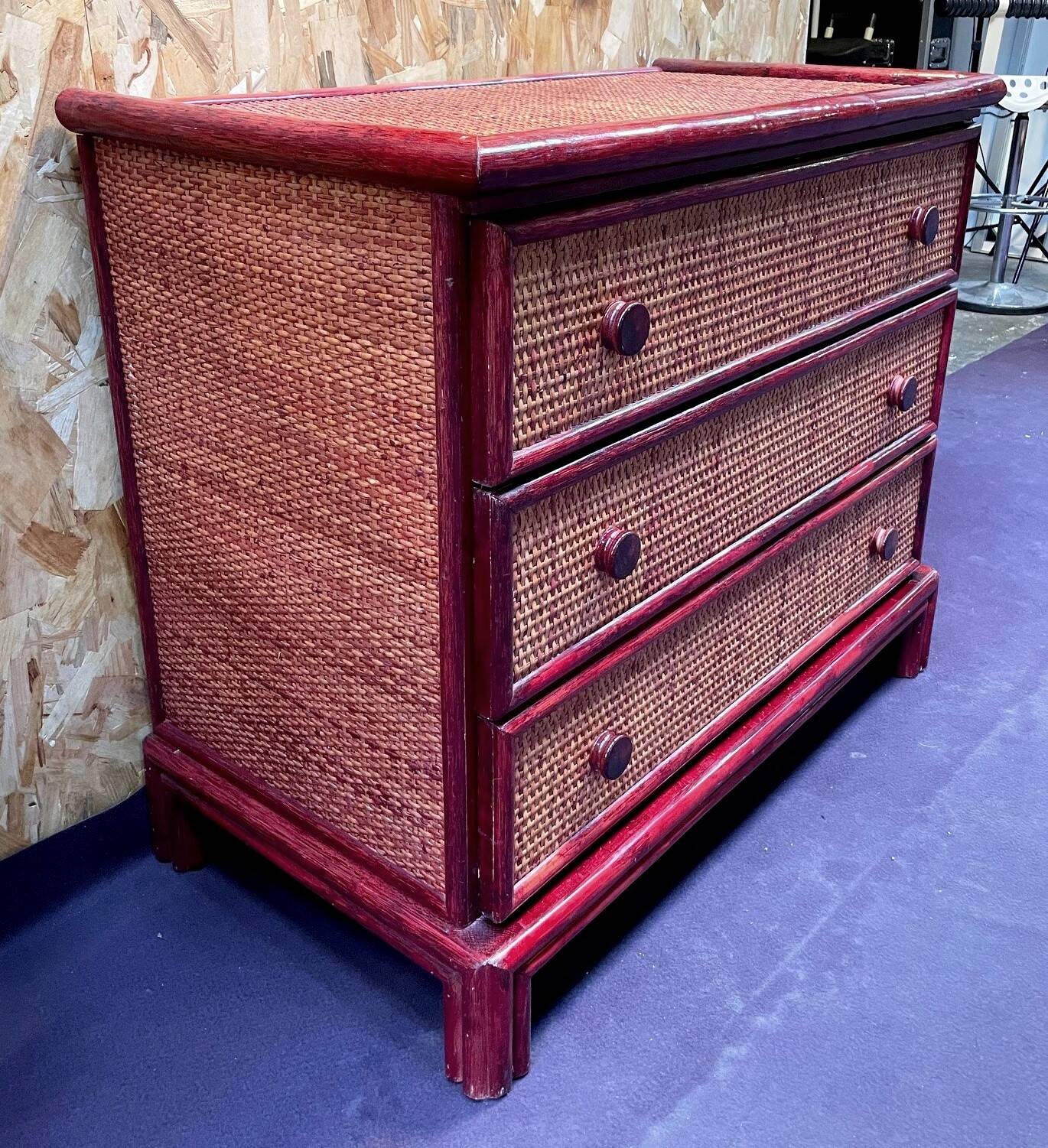 Wood and rattan commode Maugrion vintage 1980s