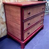 Wood and rattan commode Maugrion vintage 1980s