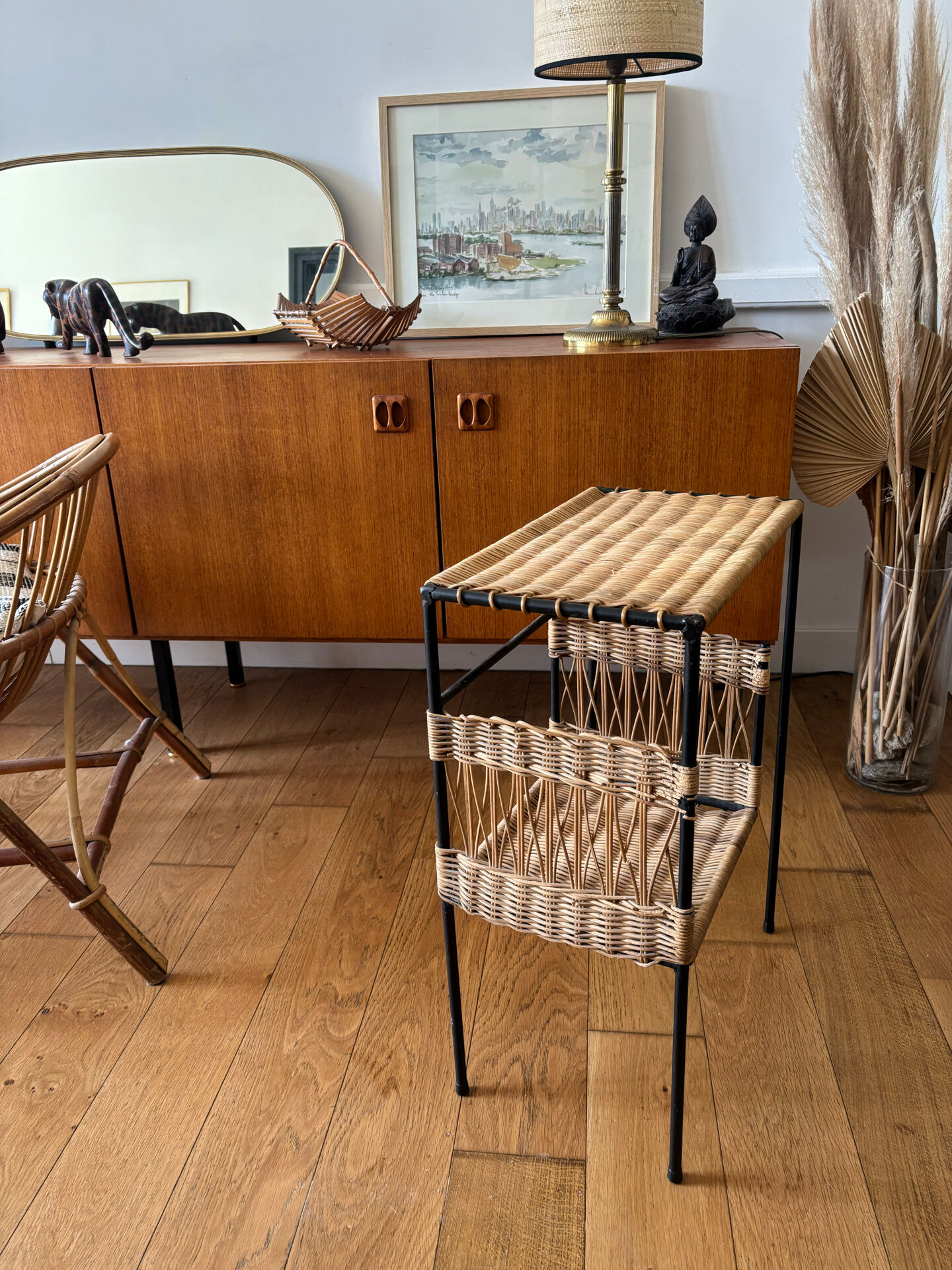 Metal and woven wicker side table – 1970s/80s