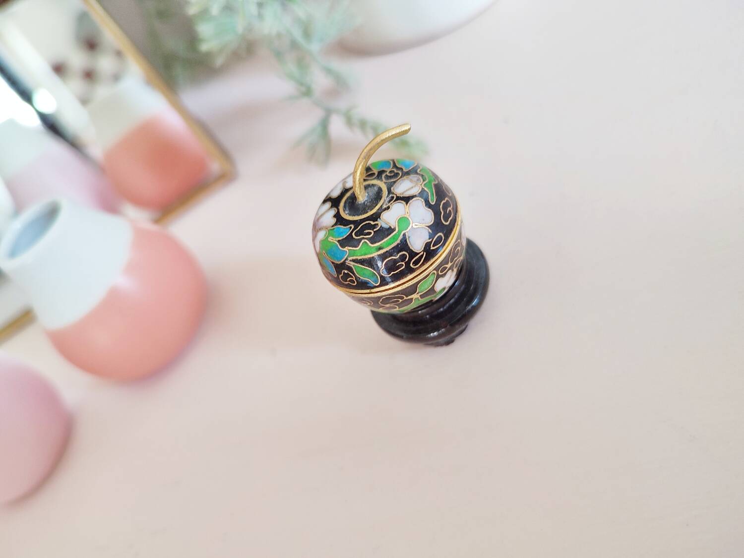 Pill box, small vintage cloisonné pill box in apple