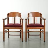 Set of two Art Nouveau design dining chairs with  red fabric upholstery