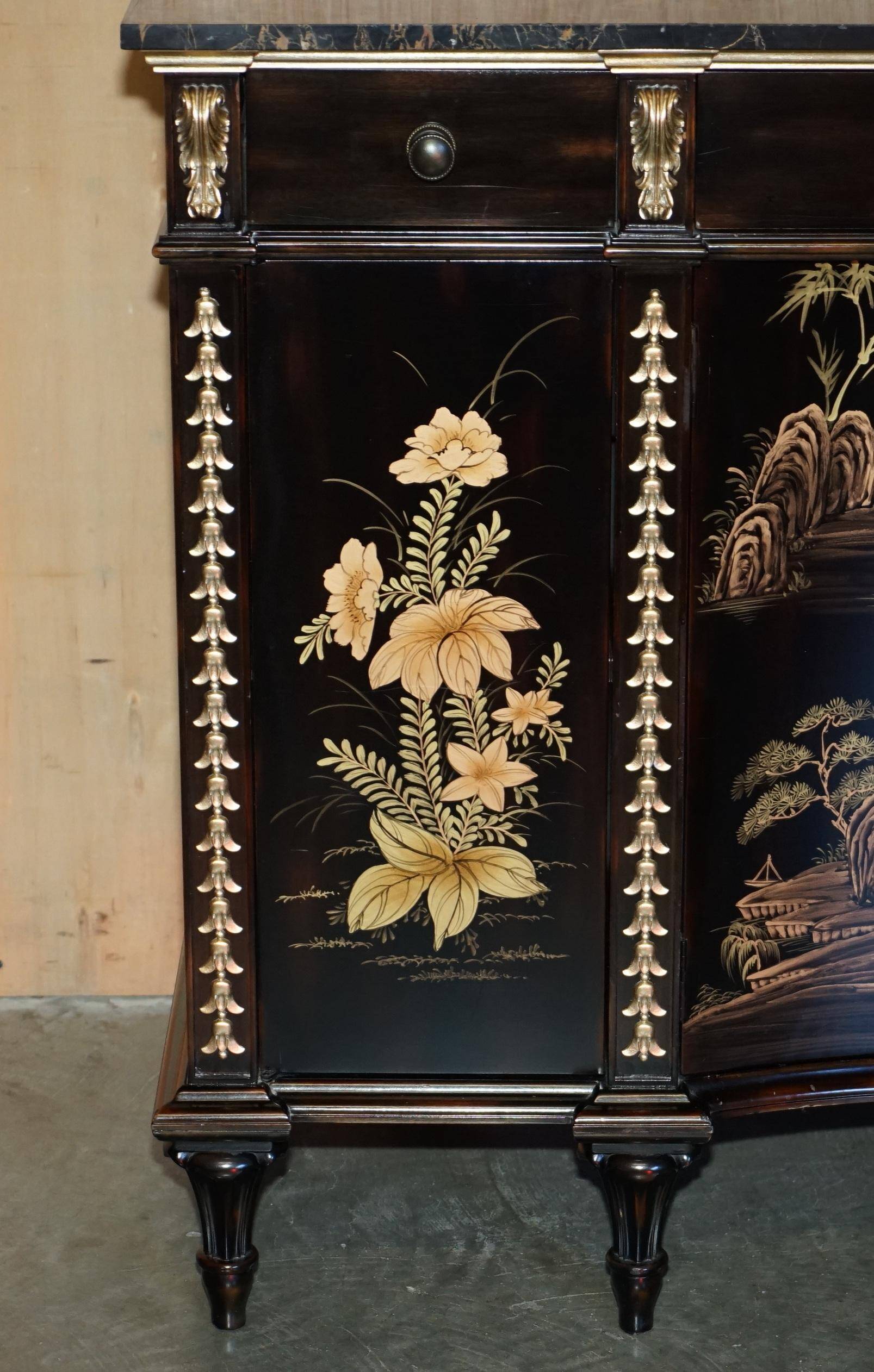Contemporary Chinese buffet with a marble top and space for a mini-fridge.