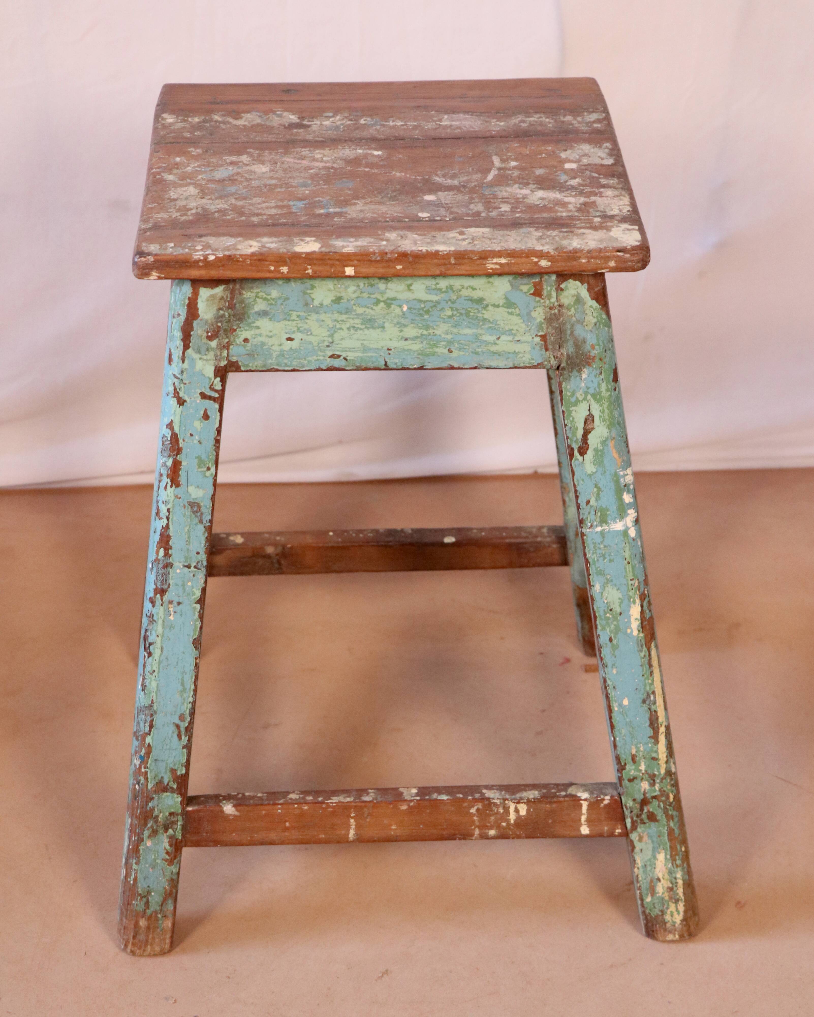Old workshop stool in original blue patina Burmese teak
