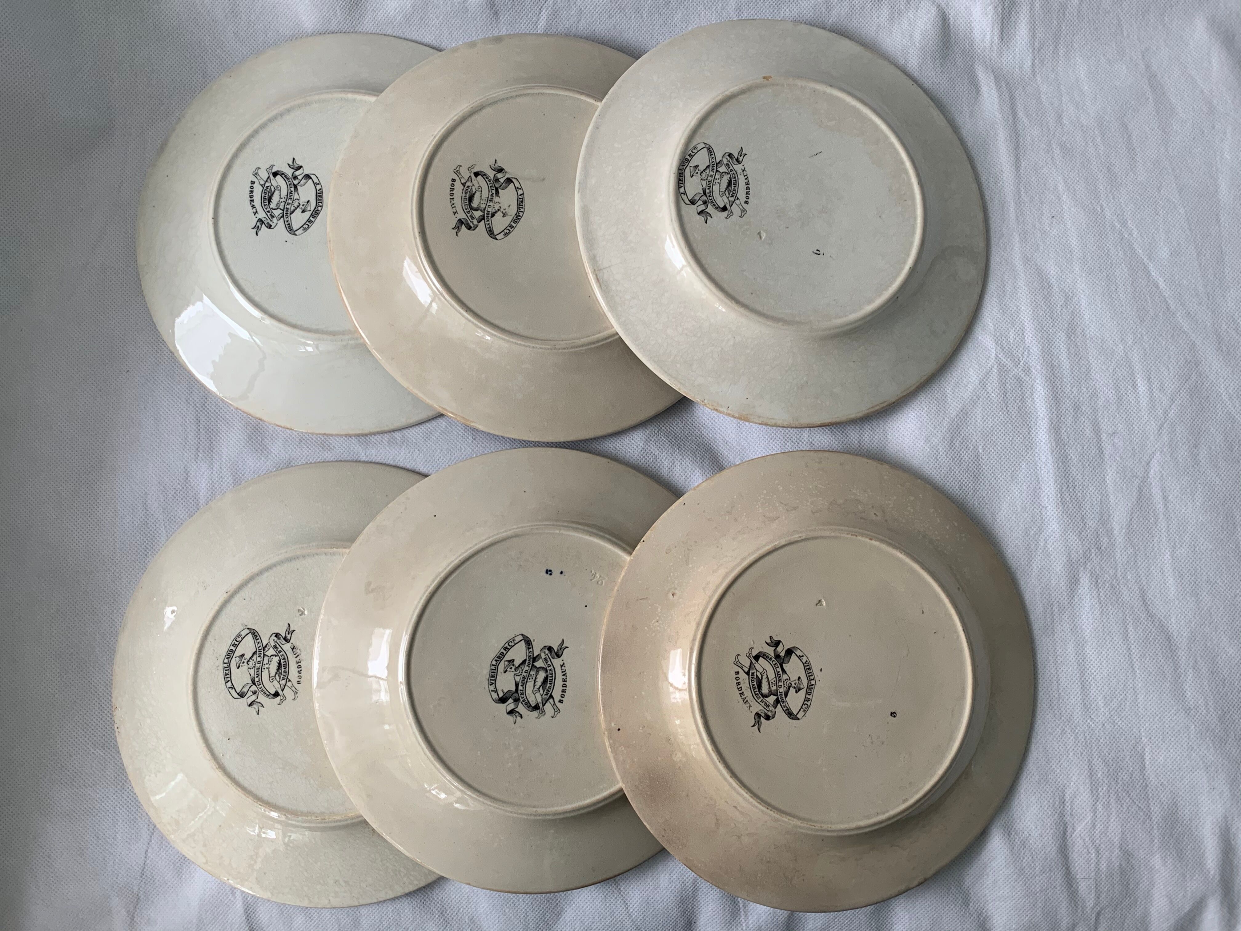 6 old dessert plates Old and Johnston Bordeaux 19th century Médoc and its castles