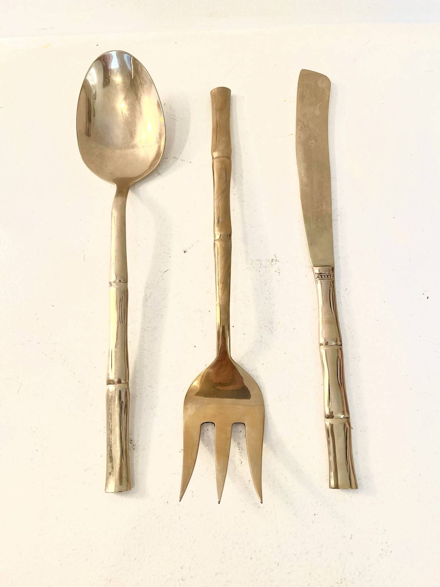 Gold service cutlery trio, bamboo, Hollywood Regency - circa 1