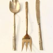 Gold service cutlery trio, bamboo, Hollywood Regency - circa 1