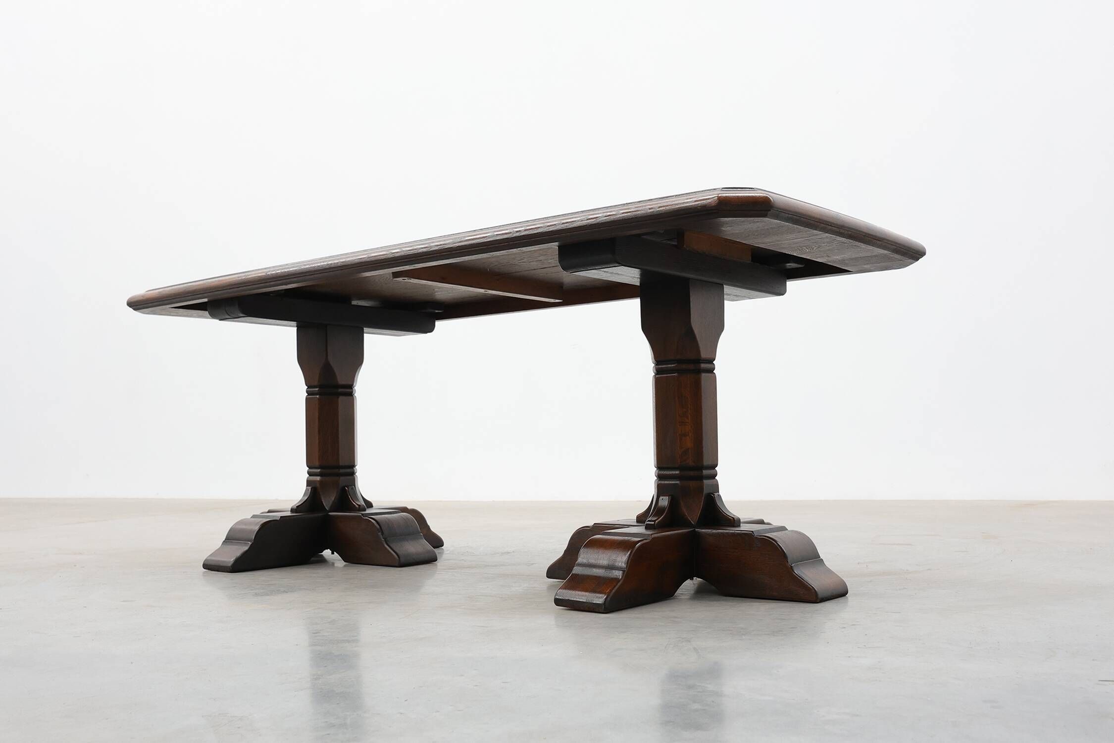 French Refectory Style Oak Dining Table with Turned Double Pedestal Base, 2