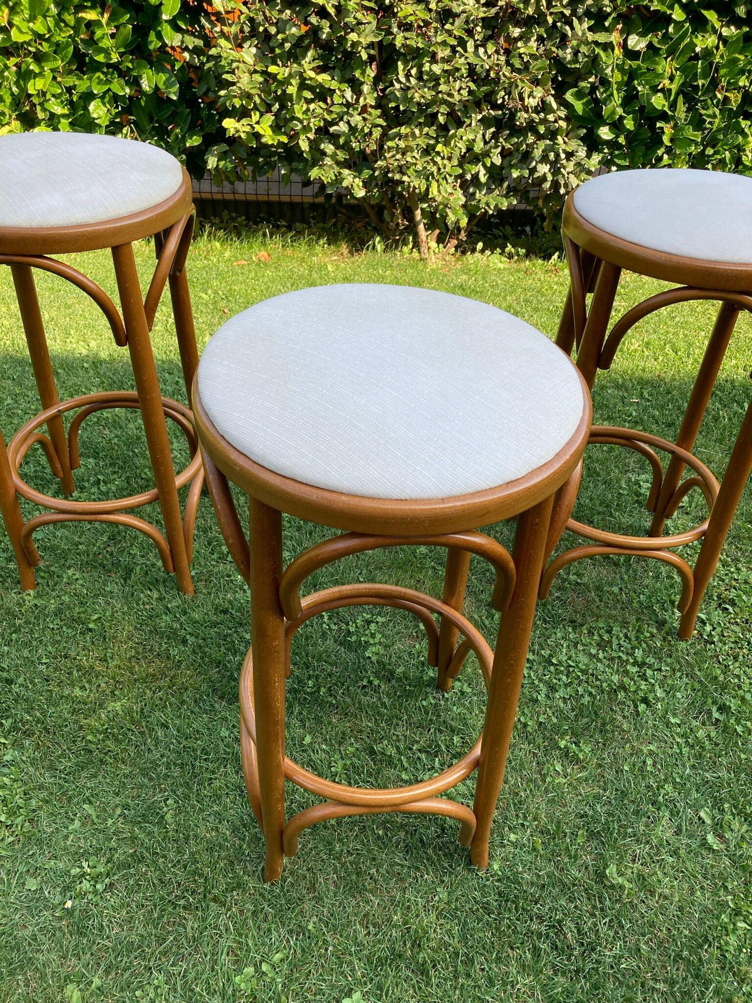 3 bar stools made of curved wood and fabric seat