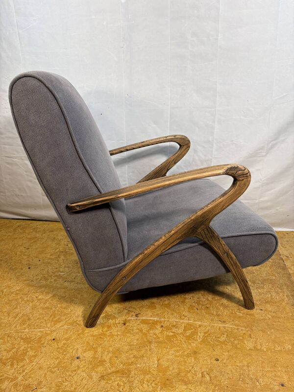 Fauteuil en bois cintré rétro vintage des années 50 par Parker Knoll – Tissu gris