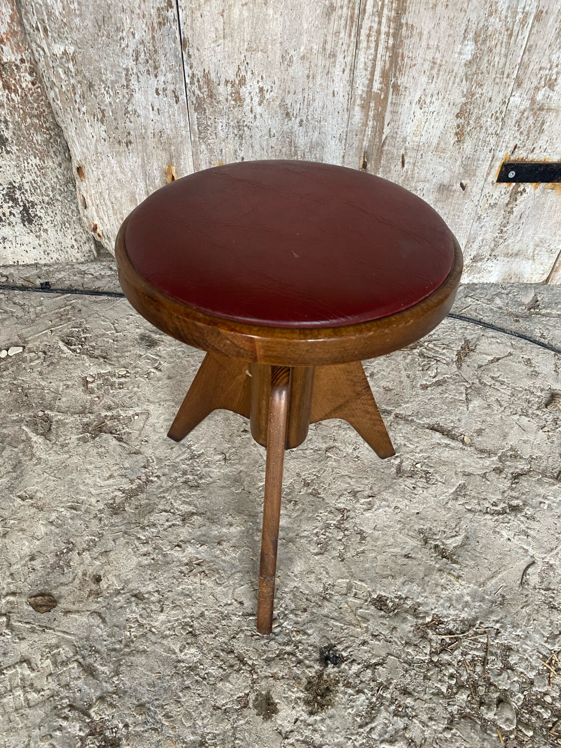 Vintage Red Leather Cushion Wooden Tripod Piano Stool