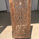 Rectangular Indonesian construction element with blue and yellow plant in carved wood