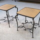 Pair of wrought iron side tables with oak tops, French work