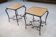 Pair of wrought iron side tables with oak tops, French work