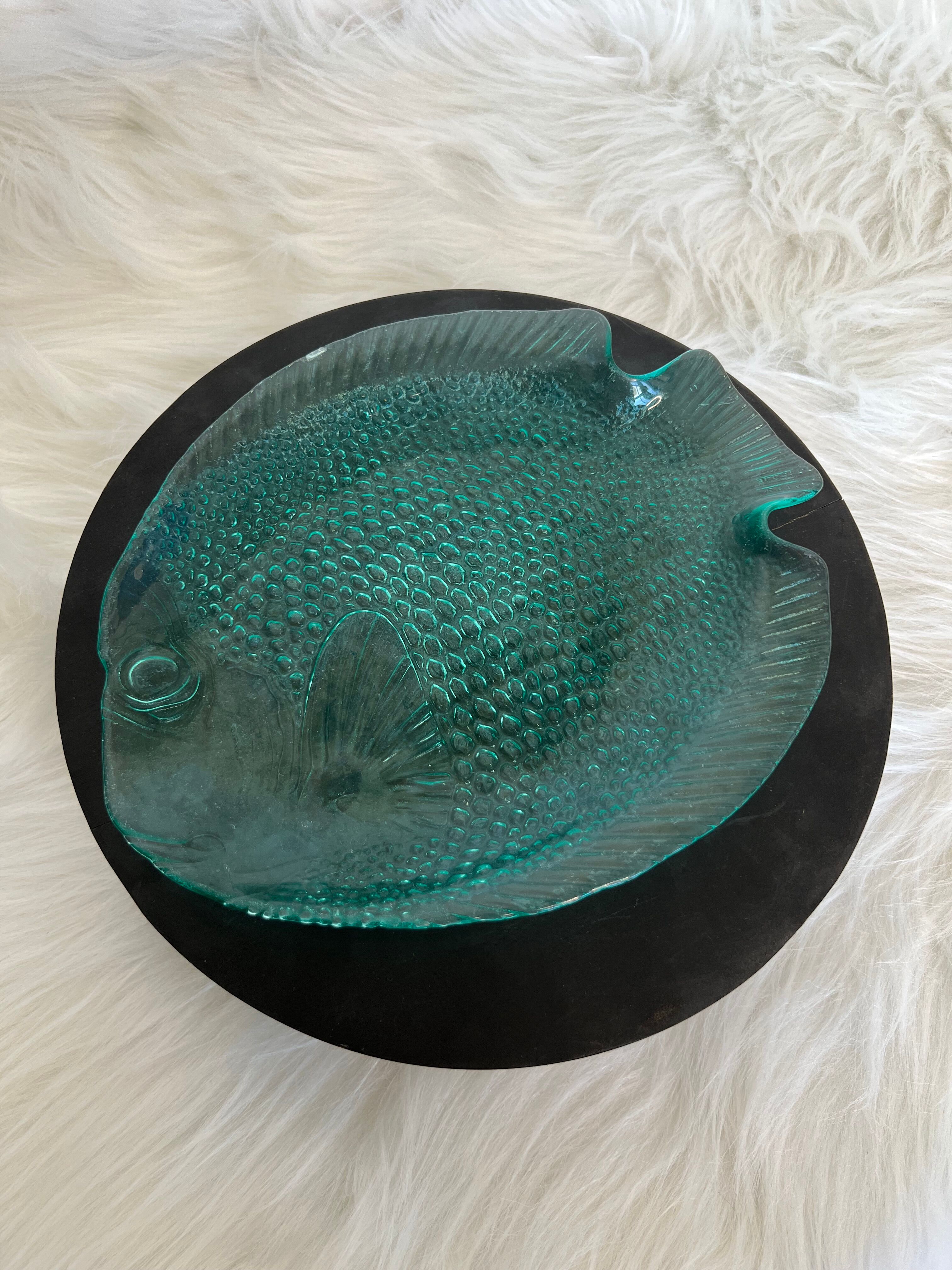 Vintage plate shaped of Arcoroc fish France turquoise
