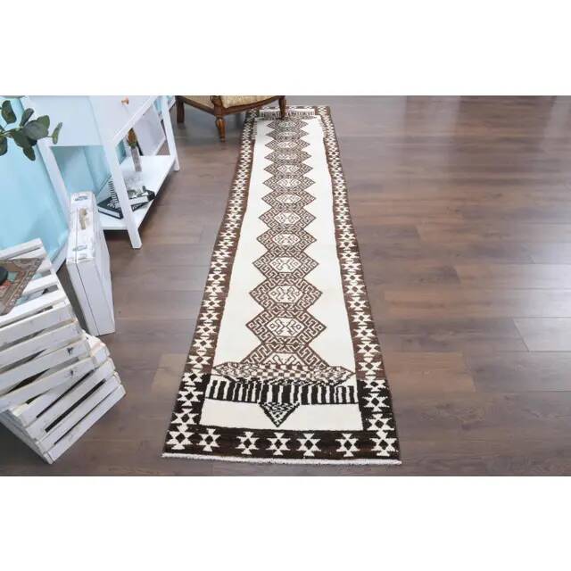 Vintage Turkish Hand-Knotted Wool Cotton White Runner Rug 78x354
