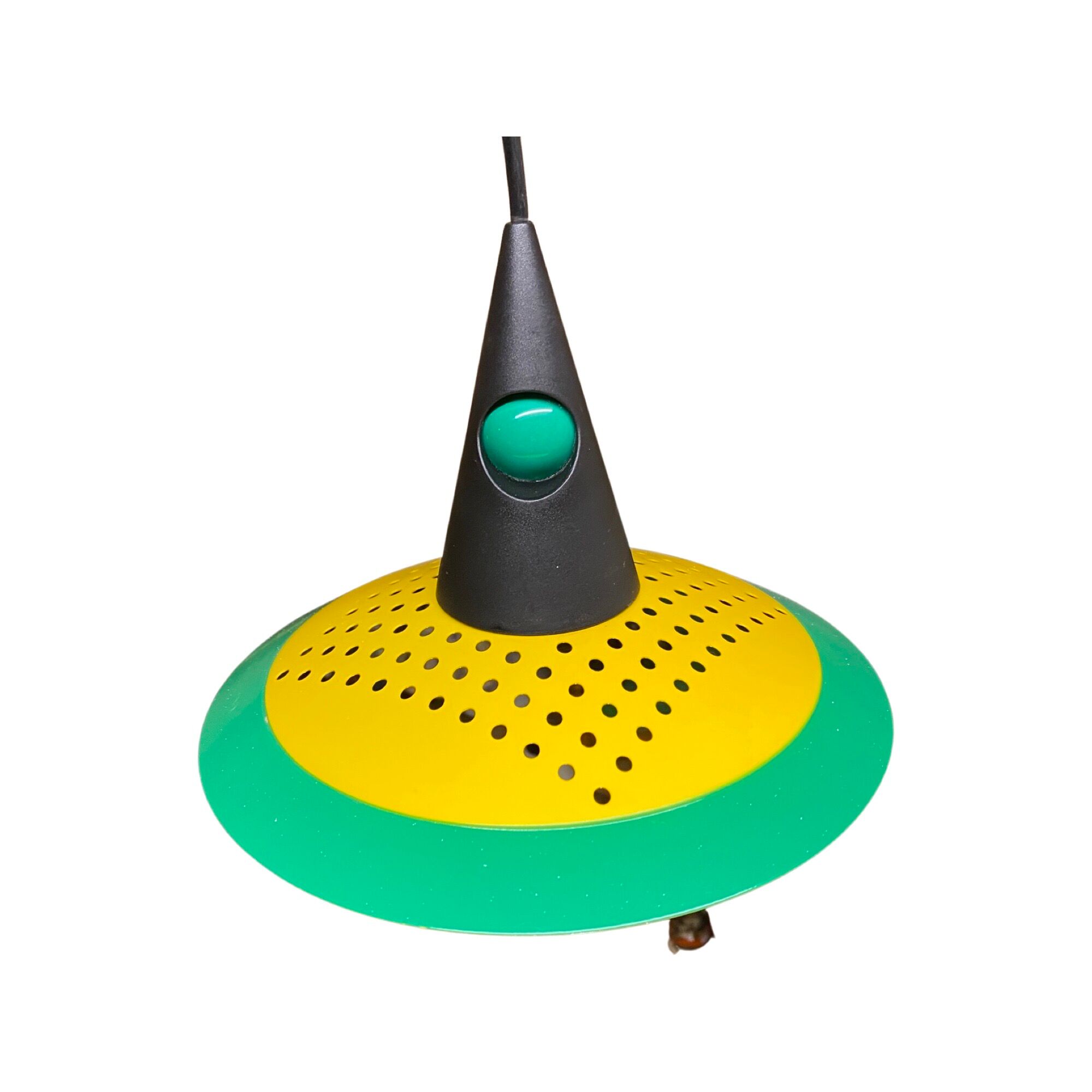 Vintage green-yellow pendant light | small mid century design hanging lamp | retro metal pendant