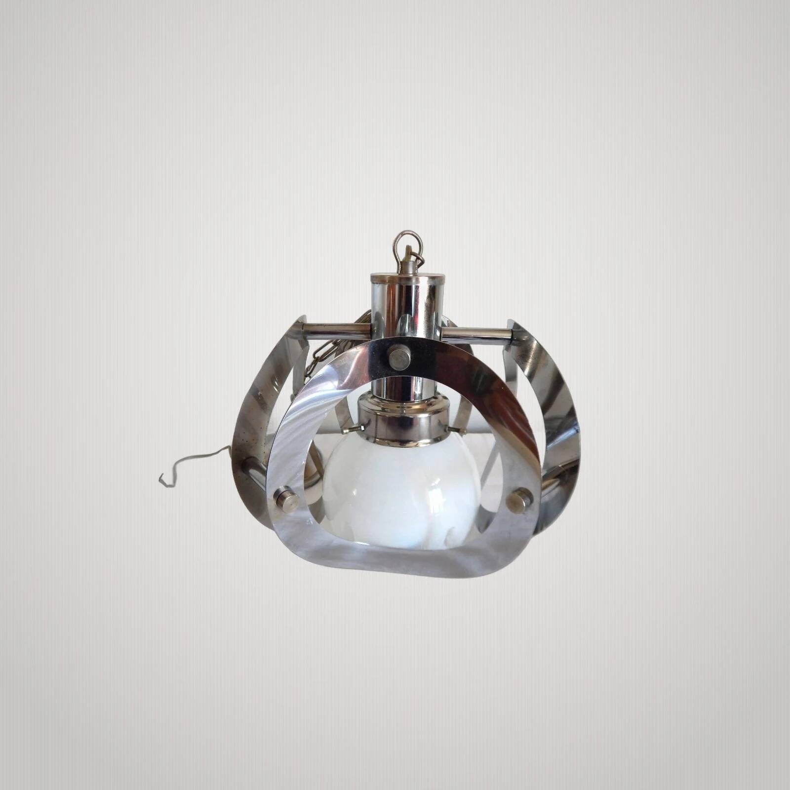 ANTIQUE CHANDELIER MAZZEGA Murano Opalescent Glass and Chrome Metal Pendant Light