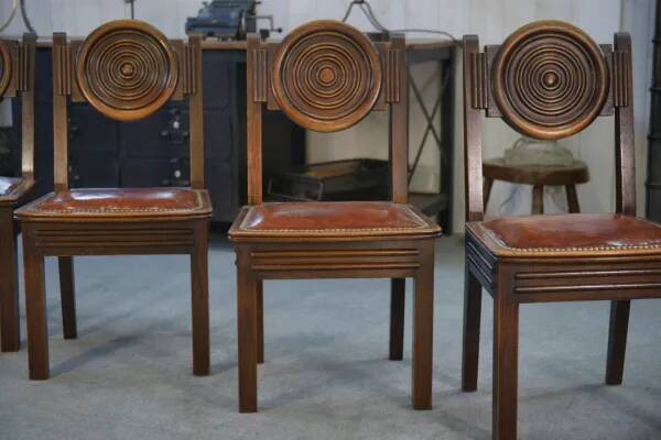 Ensemble de 6 chaises avec assises en cuir par Étienne Kohlmann 1960’s