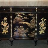 Contemporary Chinese buffet with a marble top and space for a mini-fridge.