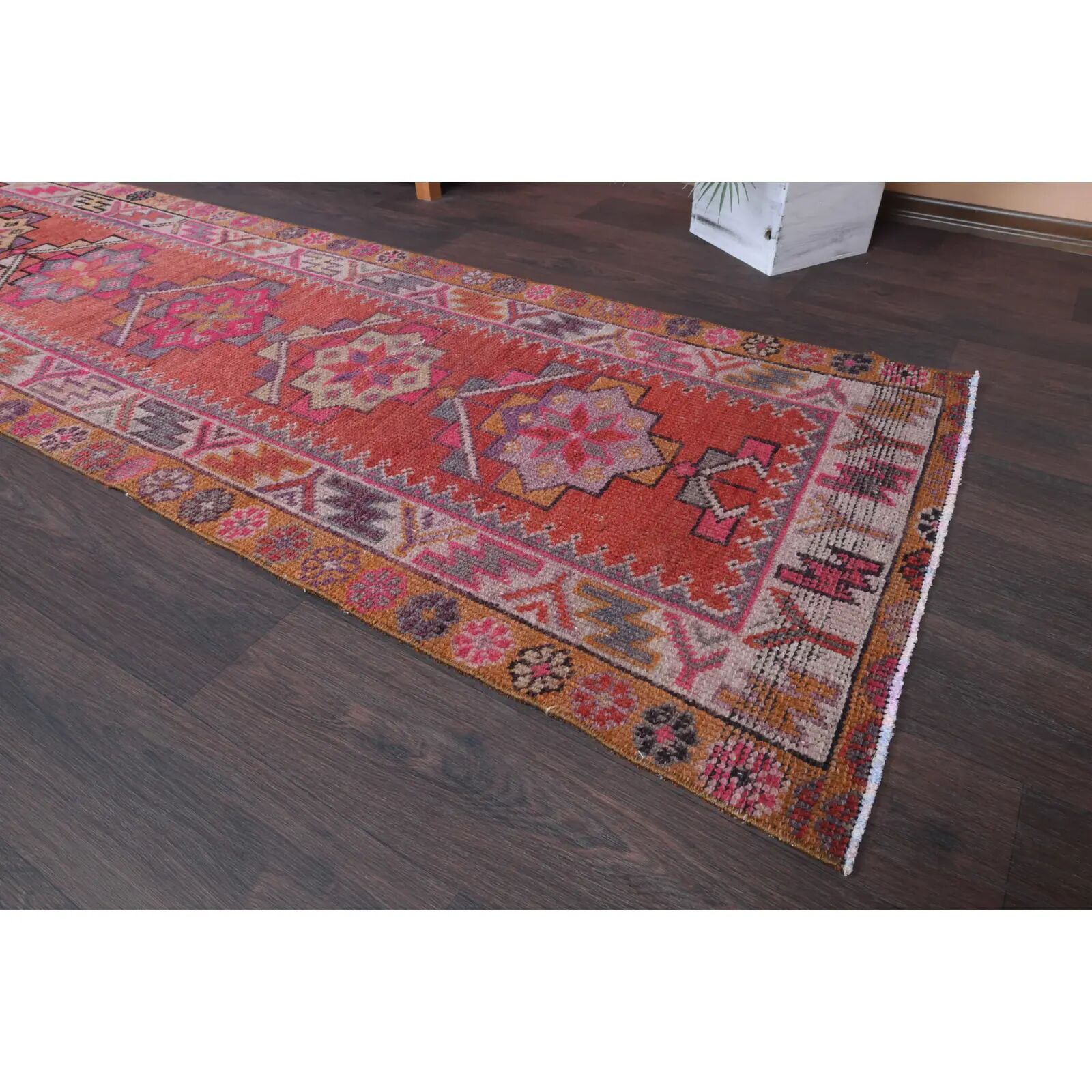 Vintage Turkish hand-knotted wool cotton red runner rug 83x362