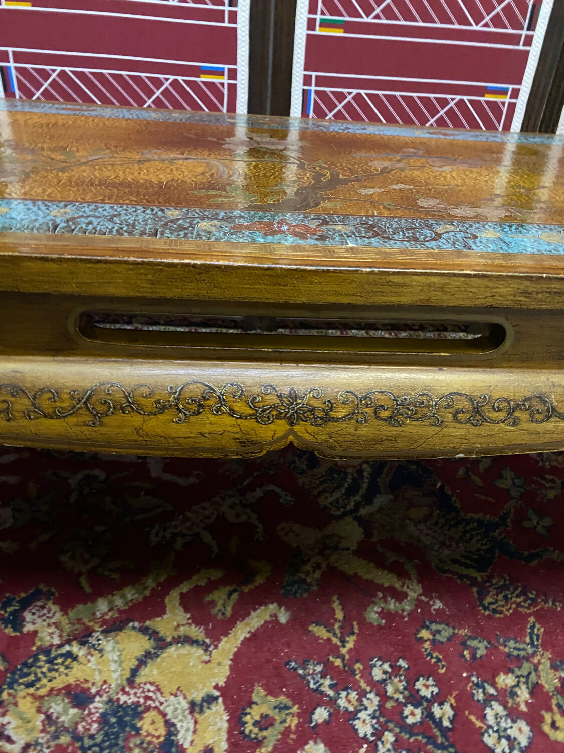 Chinese, Asian wooden coffee table nature peacock scene