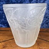 Superb Art Nouveau vase in frosted molded pressed glass with foliage decorations