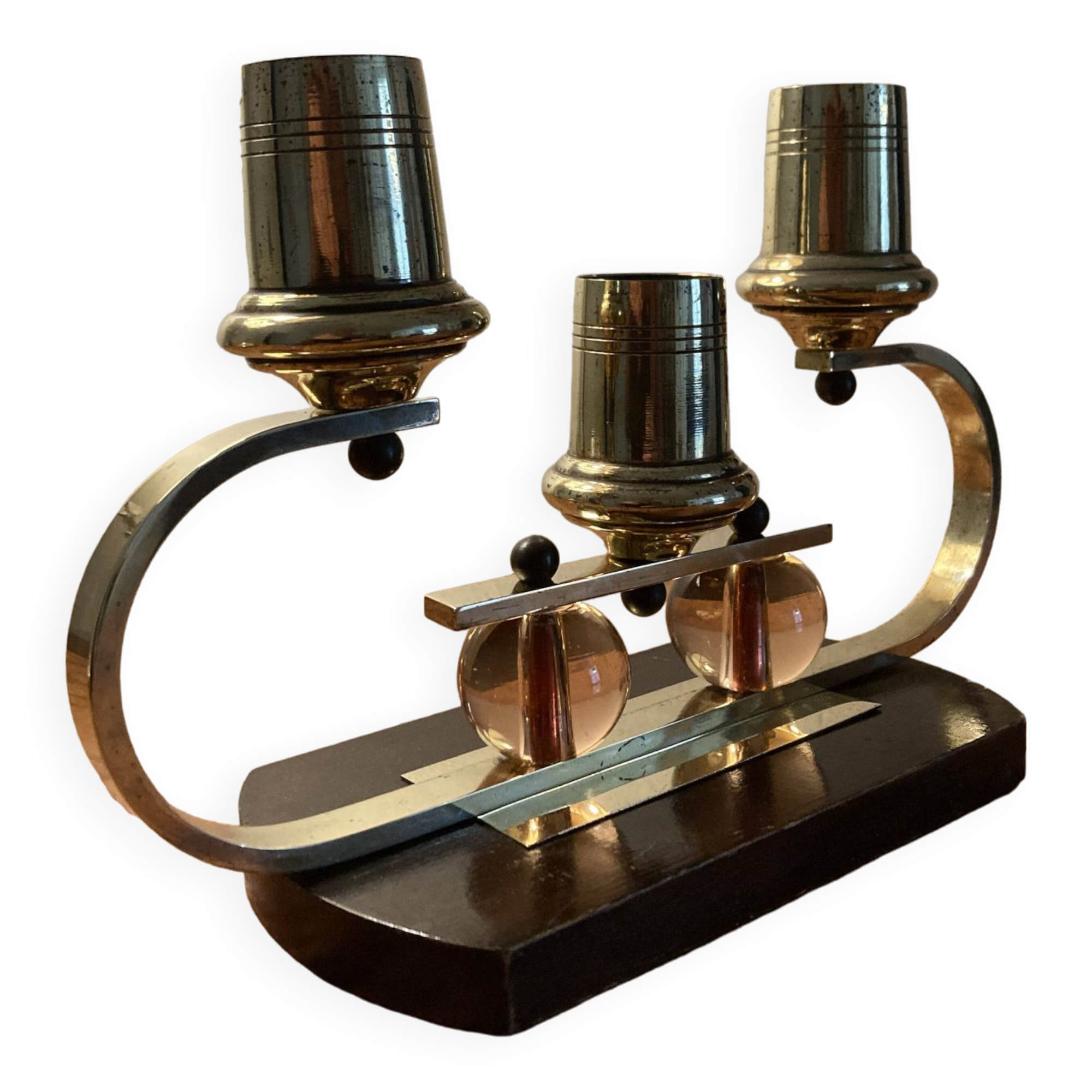 Art Deco candle holder in wood and brass
