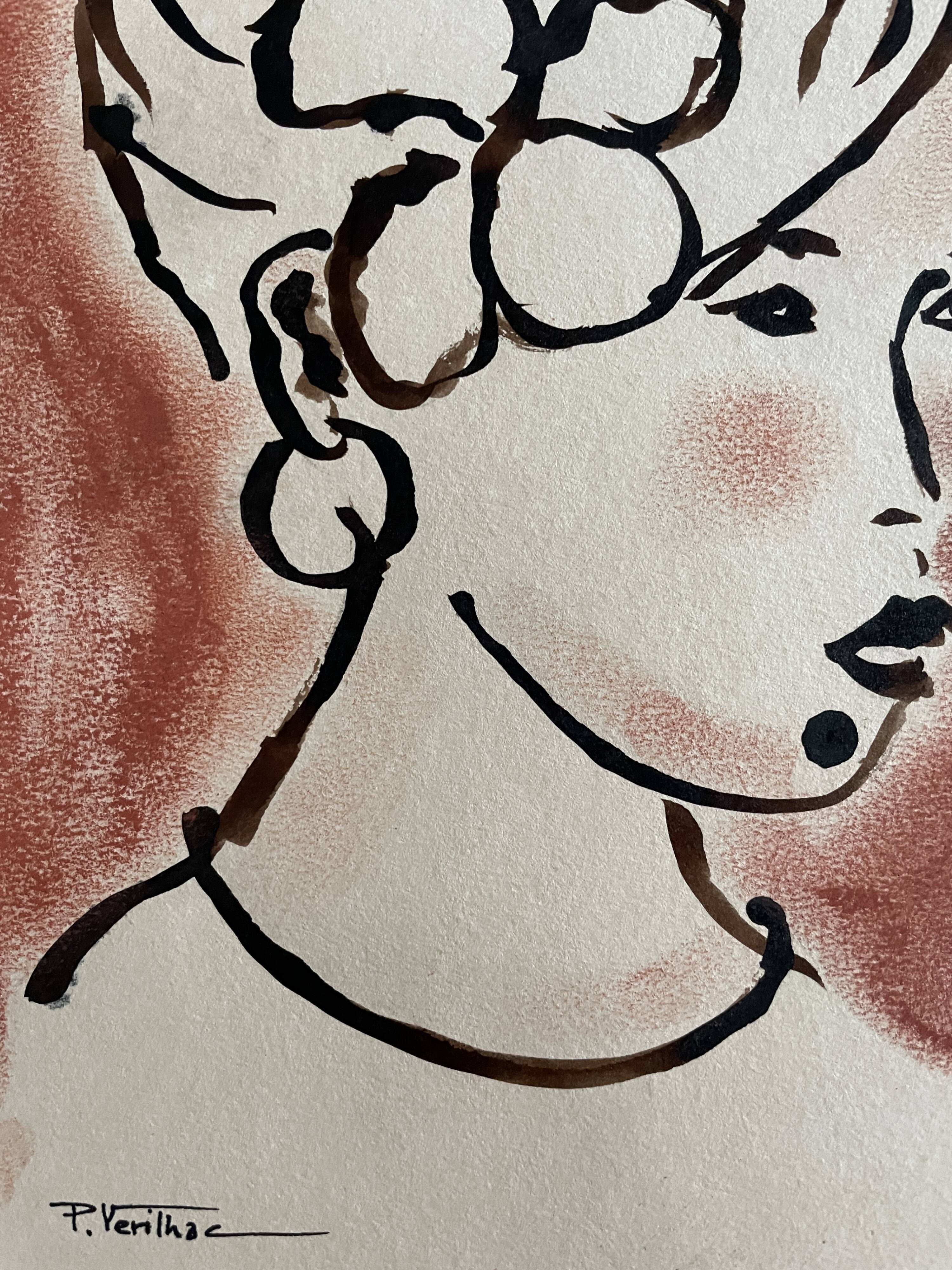 Signed painting in Indian ink and pastel, female portrait “study with a curl”